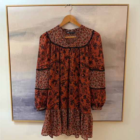 Zara Dresses & Skirts - Zara Rust Floral Long Sleeve Dress
